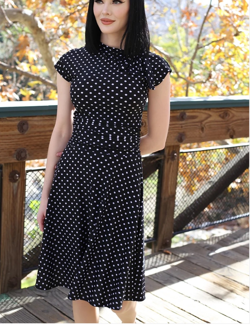 Retrolicious Bridget Bombshell Dress Large Black Polka Dot Print Bow Neck